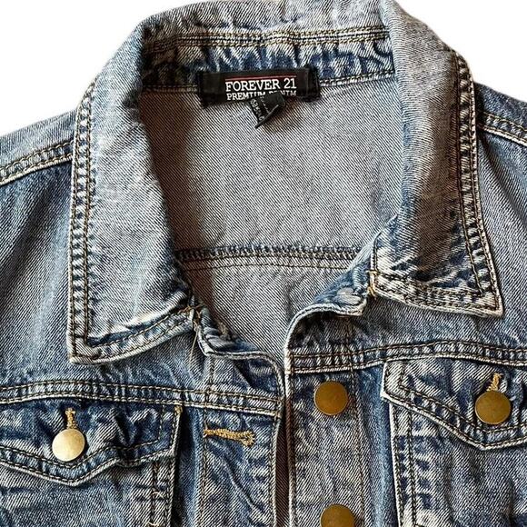 F21 Denim Half Jacket Size Large Distressed Jean Wash y2k 2000s Normcore - Picture 5 of 5